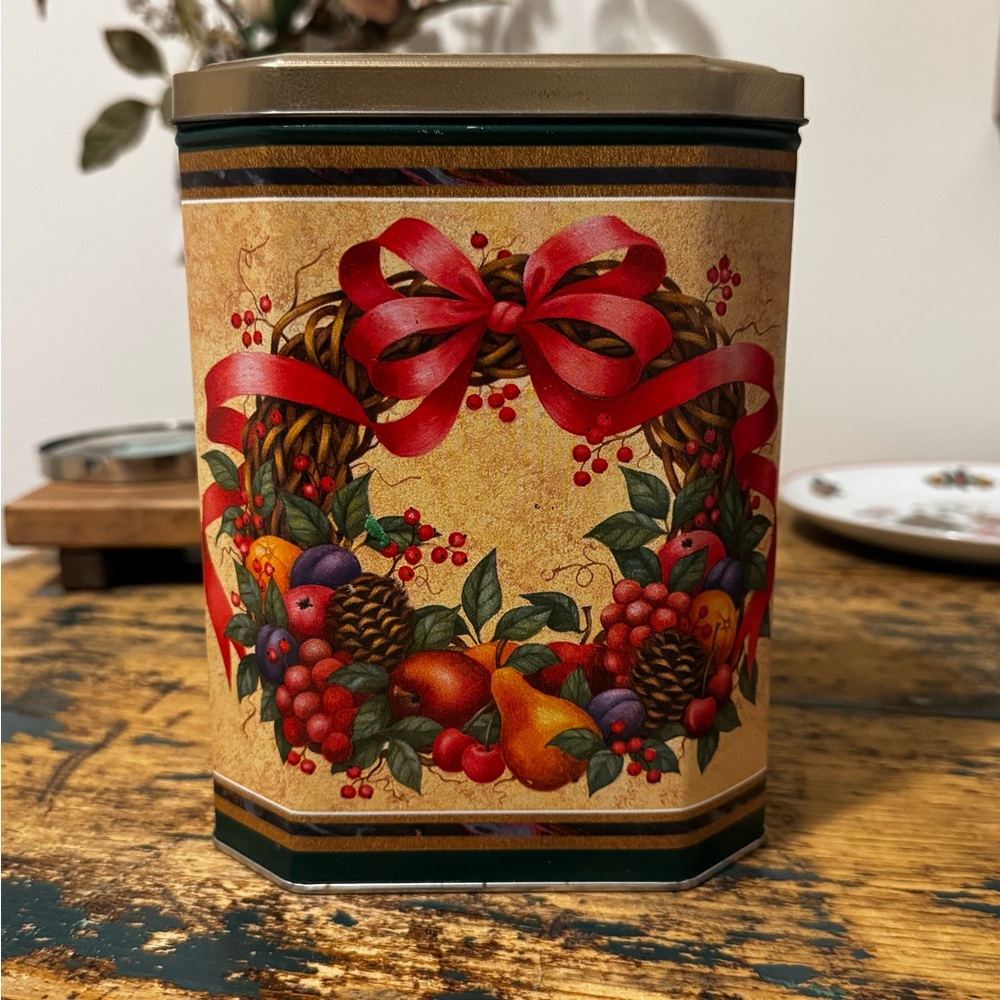 Festive Holiday Tin with Red and Gold Accents